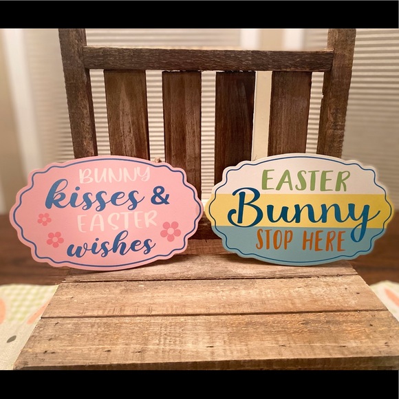 Easter Hanging Wood Wall Decor Signs Set of 2, Bunny Kisses & Easter Wishes Sign - Picture 1 of 16